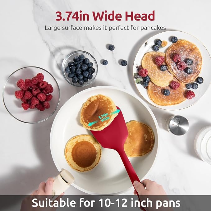 600ºF Heat Resistant Silicone Turner: U-Taste 13.6in Long Solid & Slotted Thick Kitchen Spatula Flipper, Large Flexible Cooking Utensil for Flipping Egg, Pancake in Nonstick Cookware (Rose Red, 2PCS)