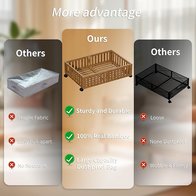 Bamboo Under Bed Storage with Wheels,Rolling Underbed Shoe Organizer Box for Shoes,Blankets,Toys,Clothes Container Space-Saving Bins for Bedroom,Closet,Dorm,Nursery