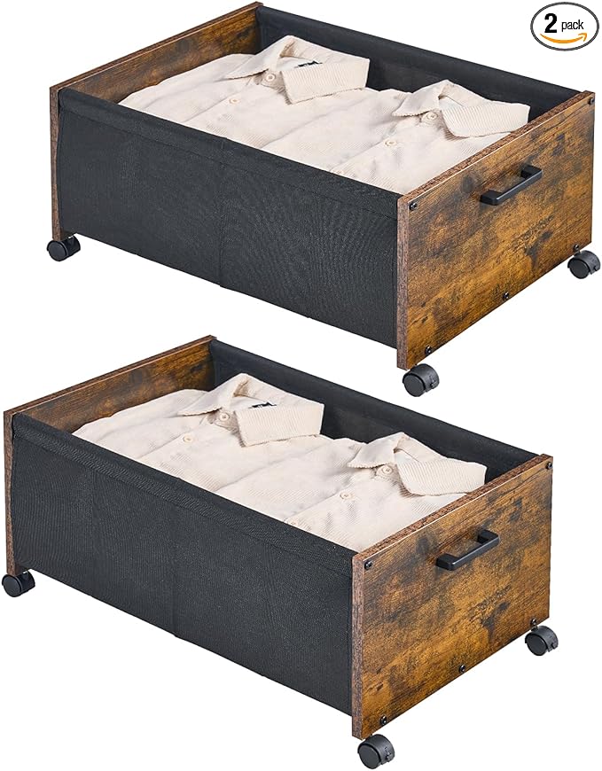 Under Bed Storage with Wheels, Wooden Under Bed Drawers On Wheels, Rolling Under Bed Shoe Storage, Space Saving, Rustic Brown,70L