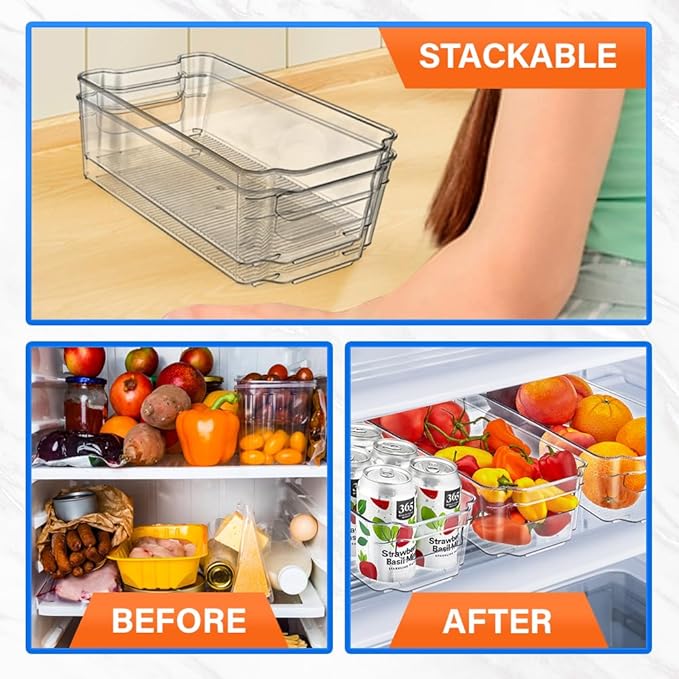 6-Piece Stackable Refrigerator Bin Organizer Set with Easy Grip Handles - Clear Multi-Purpose Storage Bins for Fridge and Pantry Use