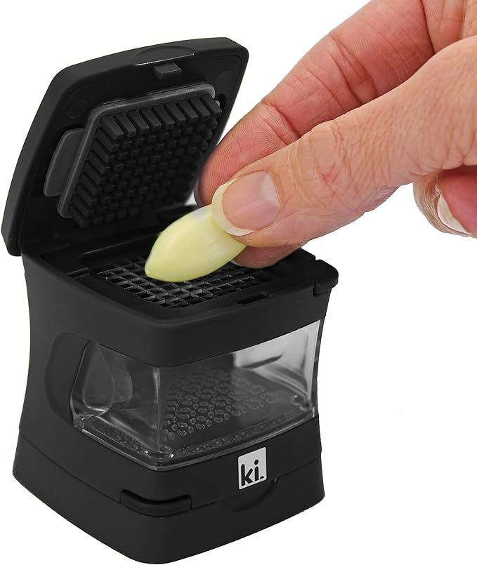 Kitchen Innovations Garlic-A-Peel Garlic Press, Crusher, Cutter, Mincer, and Storage Container - Includes Silicone Garlic Peeler - Easy to Clean - Stainless Steel Blades – (Black), standard