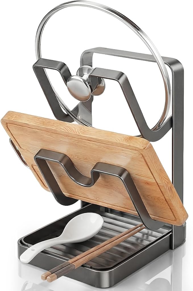 Heavy-Duty Pot Lid Organizer Rack with Removable Drip Tray – 2-in-1 Kitchen Storage for Lids & Utensils, Sturdy Countertop Lid Holder for Stove Top, Gray