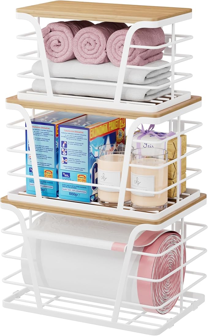 3 Pack Trash Bag Holder Dispenser,Kitchen Organization and Storage, Stackable Storage Bins with Lids, White