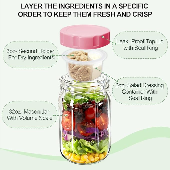 4 Pack Glass Salad Jars with Lids,32oz Mason Jars for Meal Prep,Leakproof Lunch Container with Two Small Built-in Boxes for Wet/Dry Separation of Salad Dressing and Dry Ingredients (4 Color Pack)