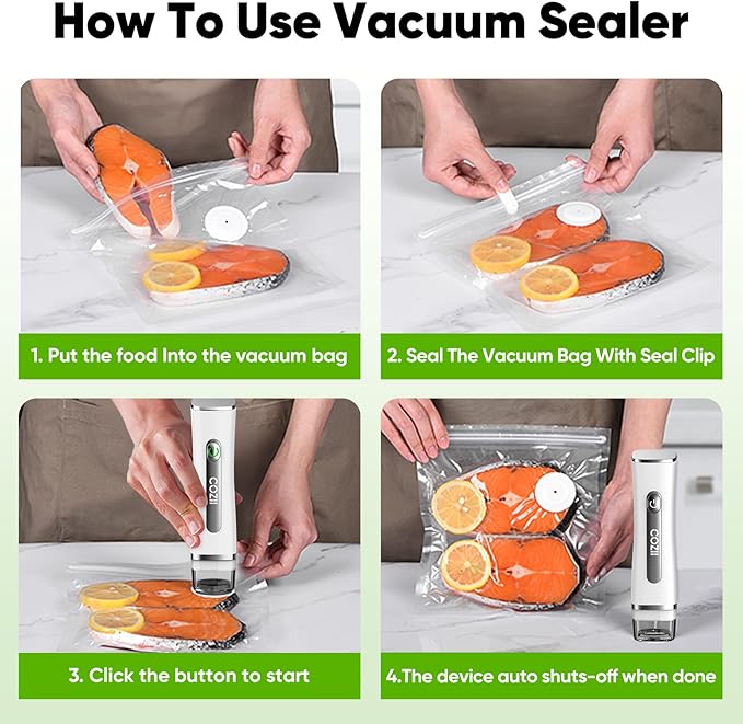 COZII Food Saver Vacuum Sealer Machine with 30 Bags, Preserve Compact Vacuum Sealer with Visible Water Tank, Handheld Portable, 60KPa Powerful suction, Wireless Rechargeable for 8X Fresh