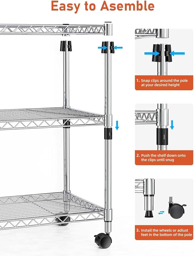 YSSOA Heavy Duty 3-Tier Storage Shelves 750Lb Capacity, 24.02" D x 13.78" W x 21.97" H Shelving Unit for Pantry, Garage, Laundry and Kitchen, Chrome