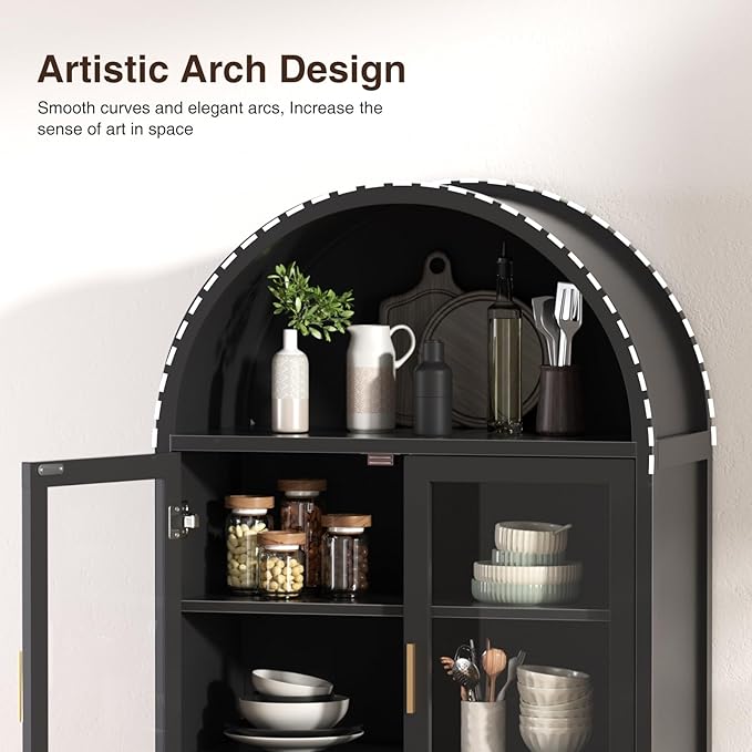 FiveWillowise Kitchen Pantry Cabinet with Glass Doors - Arched Design, Solid Wood Legs, Artistic Fluted Door, Adjustable Shelves, 70.8" Curved Storage Cabinet for Kitchen, Dining Room