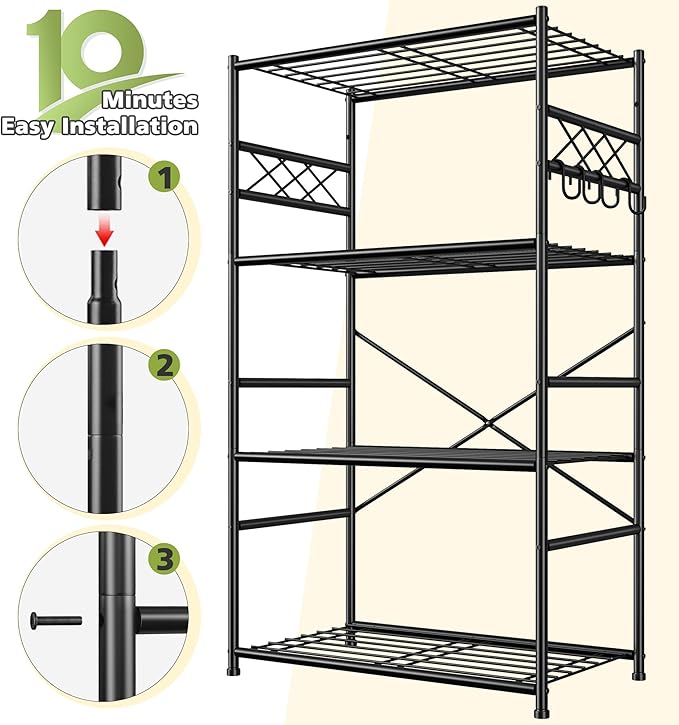 Storage Shelves 4 Tier Shelf Organizer,Metaling Shelving with Hooks,Heavy Duty Garage Shelves Unit with Leveling Feet,Wire Shelving for Pantry,Kitchen and Closet,23.6" W x 13.8" D x 60.4" H