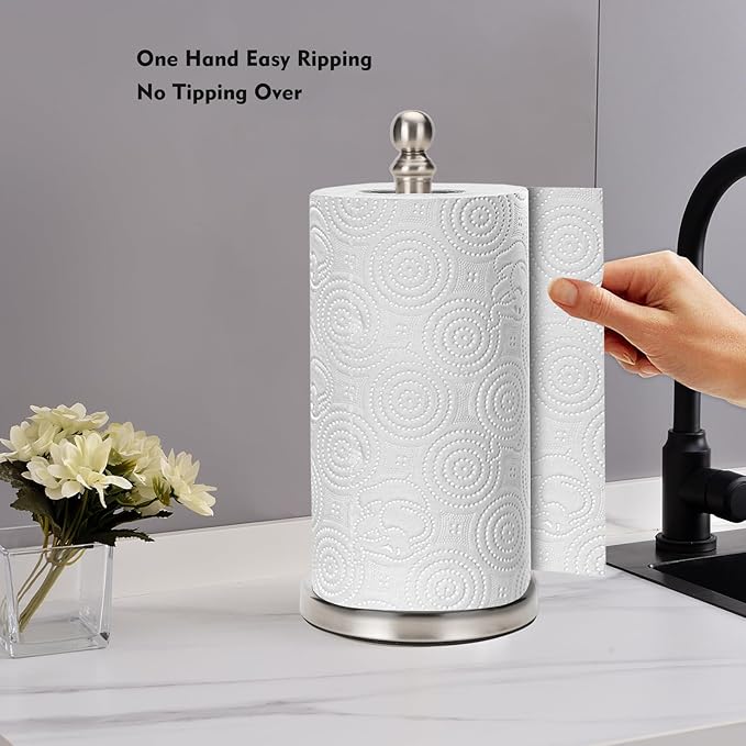 Fatizon Paper Towel Holder Stand,Sturdy Standing Paper Towel Holder Countertop,Paper Towel Roll Holder for Kichen (Brushed Nickel)