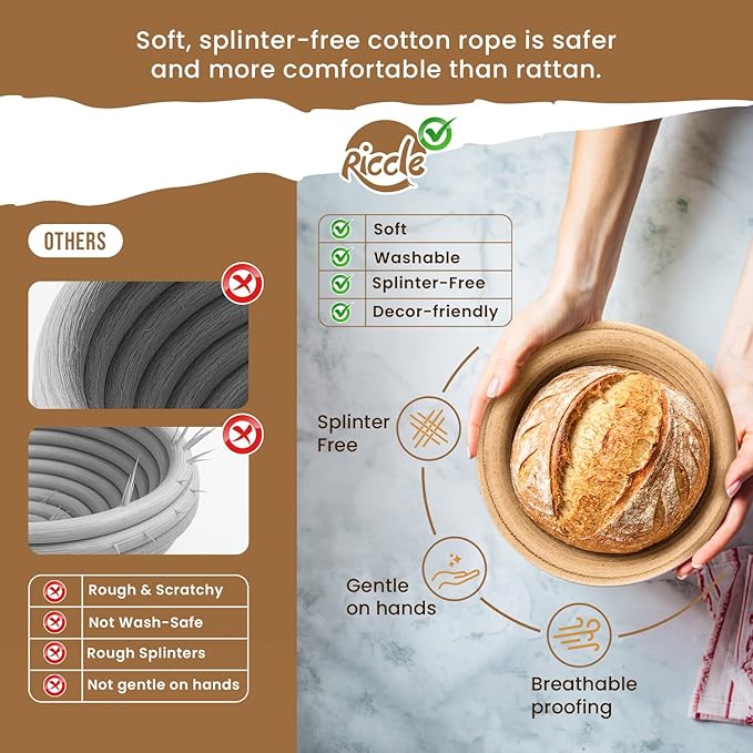 Riccle Sourdough Starter Kit – Bread Baking Supplies & Bread Making Tools with Cotton Rope Proofing Basket (9” Round & 10” Oval), Bread Lame with 15 Blades, Dough Whisk, Bowl Scraper & Silicone Brush