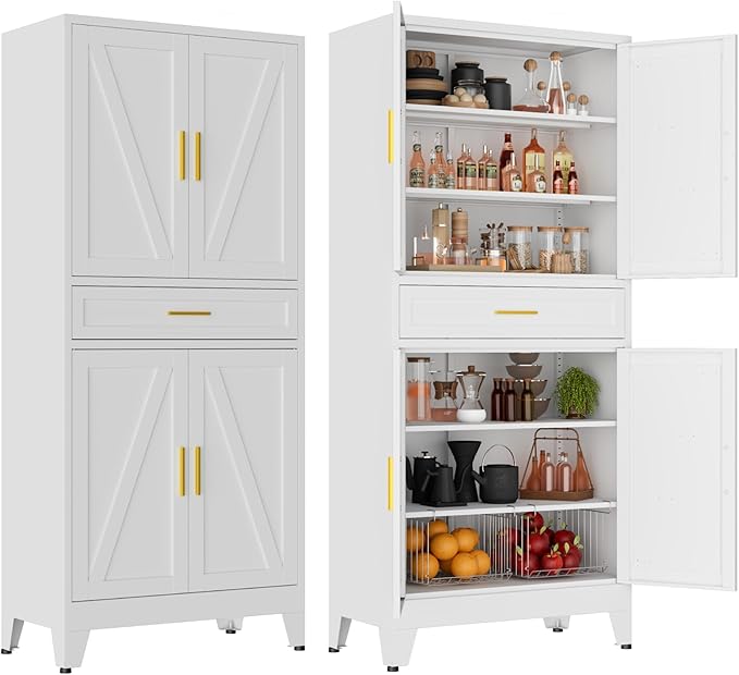 LCAOPC 71" Tall Pantry Storage Cabinet with Drawer and Adjustable Shelves, Freestanding Tall Kitchen Cupboard Storage Cabinet for Kitchen,Dining Room, Living Room, White