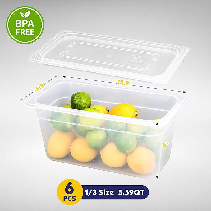 BIEAMA 6 Pack Plastic Food Pans with Lids, 1/3 Size 6'' Deep, Translucent, Commercial, BPA-free, Stackable Storage for Restaurants, Buffets