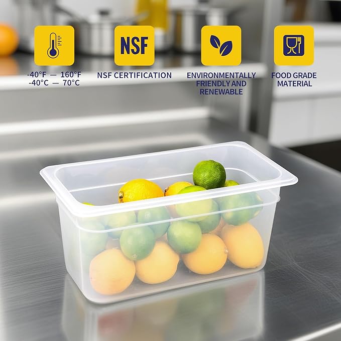 BIEAMA 6 Pack Plastic Food Pans with Lids, 1/3 Size 6'' Deep, Translucent, Commercial, BPA-free, Stackable Storage for Restaurants, Buffets
