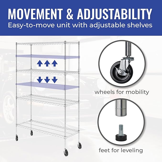 SafeRacks - NSF Certified Storage Shelves, Zinc, Heavy Duty Steel Wire Unit with Wheels and Adjustable Feet, Garage or Bakers Rack, Kitchen, Pantry Shelf - (18"x48"x72" 4-Tier) (Silver)