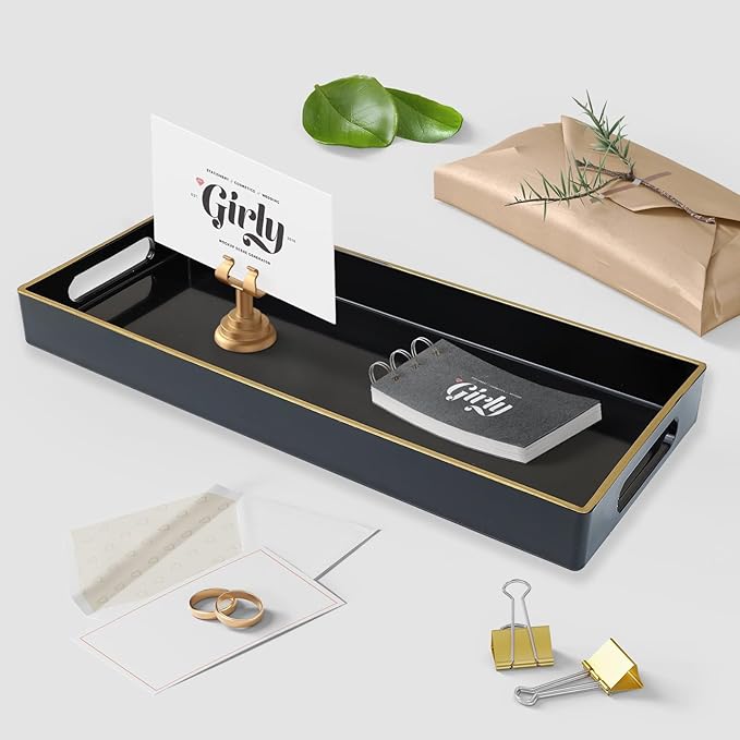 Leemxiiny Black Vanity Tray with Handles, Decorative Tray Desktop Storage Organizer for Bathroom, Living Room, 5.9"*13.7"