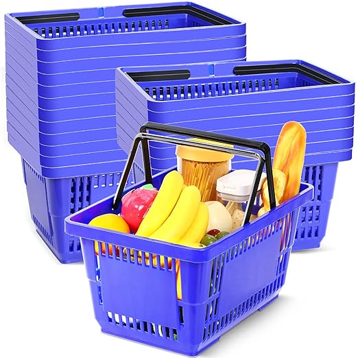 Set of 20 Blue Shopping Basket with Handles 18 L Plastic Grocery Basket 16.9 x 11.8 x 9.1 Inch Bulk Portable Hand Shopping Carts for Retail Store Supermarket Grocery Supplies