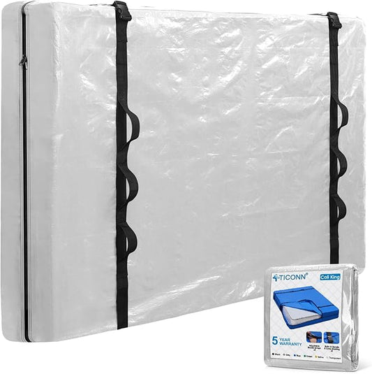TICONN Mattress Bags for Moving, Heavy Duty Cali King Mattress Cover Storage Bag with Full-Around Handle and Adjustable Buckles (Clear, Cali King)