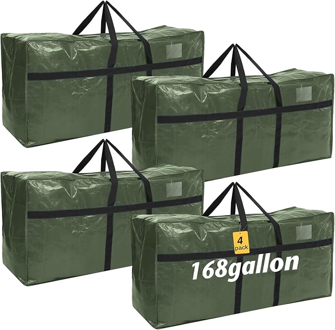 Windyun 4 Pack 168 Gallon Extra Large Moving Bags XXL Heavy Duty Storage Bag with Strong Zipper Handle Jumbo Big Tote Box Foldable for College Dorm Travel Clothes Duffle Blanket Pillow(Army Green)