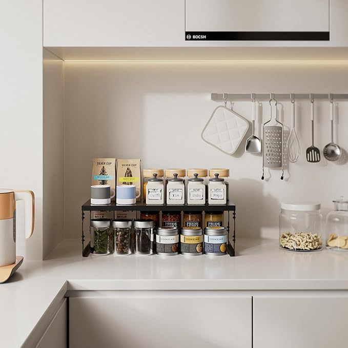 Asiingkel Stackable Expandable Metal Shelf Organizer - Adjustable Wire Storage Rack with Holes for Kitchen, Bathroom, Cabinet, Office - Space Saving, Durable & Sturdy Design（3PACKS/Large/Black