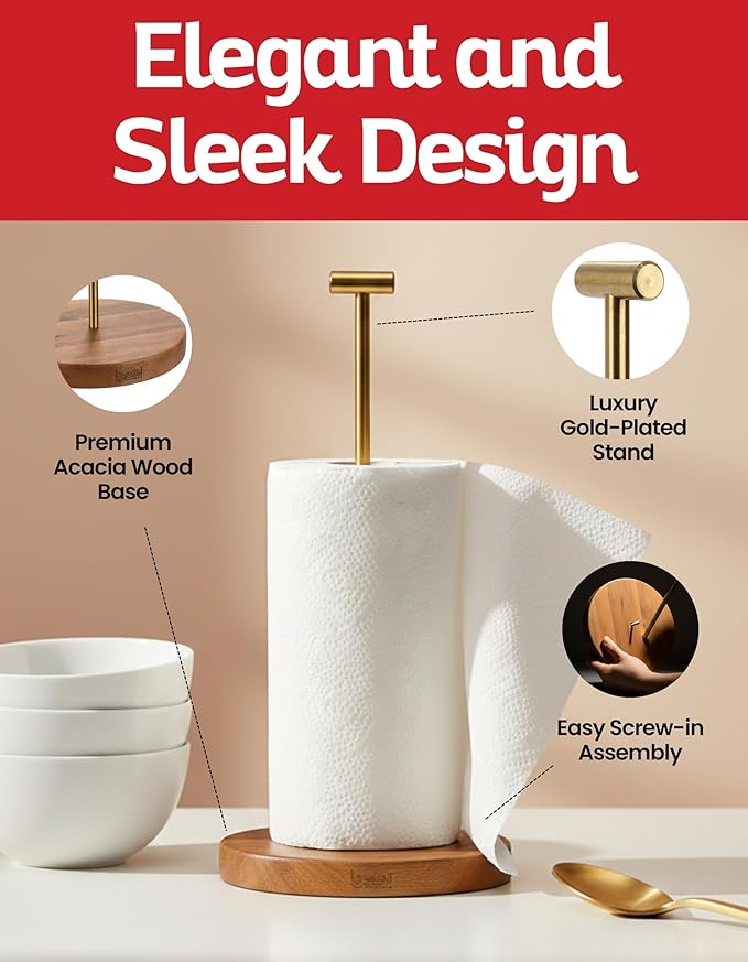 Acacia Wood Tissue Stand – Wooden Tissue Stand with Stainless Steel Gold Plated Handle, Satin Finish Countertop Organizer for Standard and Jumbo Rolls