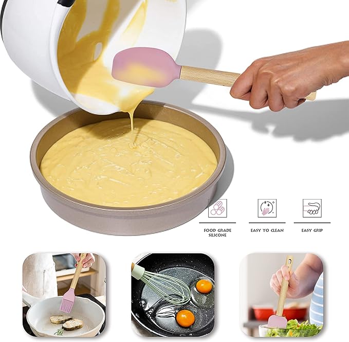 Panpacific 12" Silicone Spatula Set for Nonstick Cookware - Heat Resistant With Scraper/Brush/Whisk, Wooden Handle Baking Utensil Set, 4 Piece (Cherry Pink)