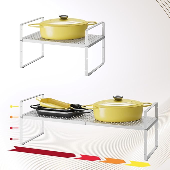 taiheis Hole Pattern Expandable Shelf Organizer,1Pack 10.2" Wide Easy to Assemble Cabinet Organizer Shelf, 16.5~27.1" Adjustable Height&Stackable Spice Organization for Cupboard, White