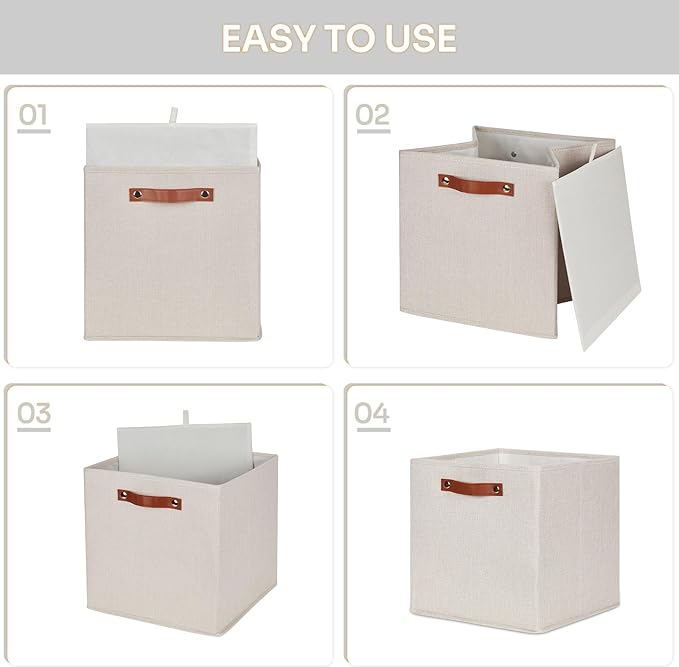 HNZIGE 12 Inches Storage Bins for Organizing,4PCS Fabric Bins Closet Cubes Storage Baskets for Shelves with Leather Handles(Gream)