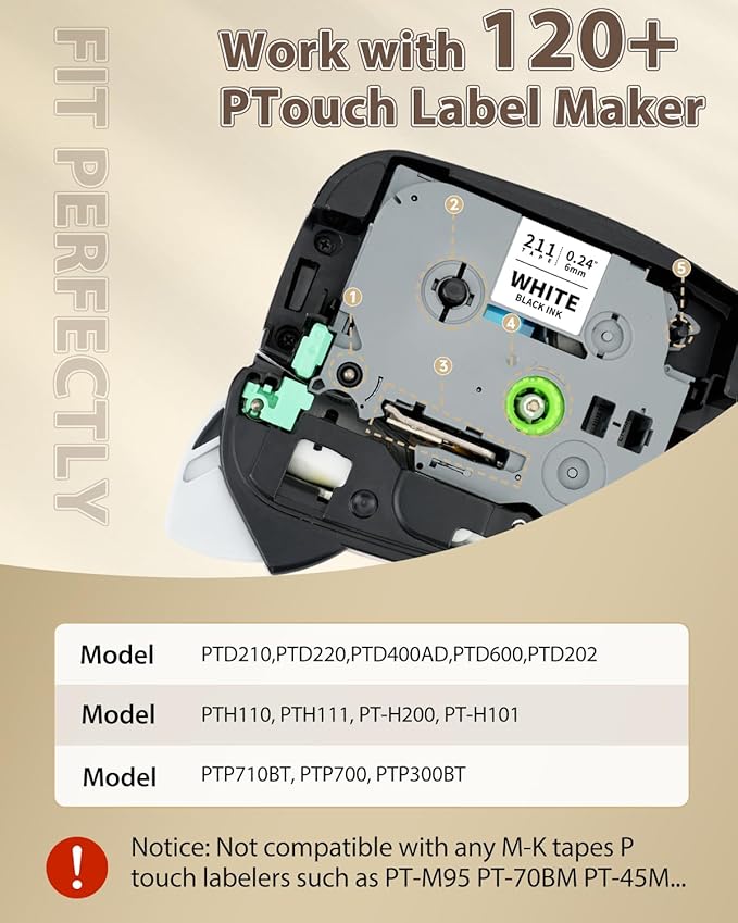 6mm 0.23" Laminated TZ Tape Compatible for Brother P Touch Colored Refills Tze-211/111/411/511/611/711 for PTD220 PTH100 PTH110 PTD202 PTD210 PT1280 Label Maker, Clear/White/Red/Blue/Yellow/Green
