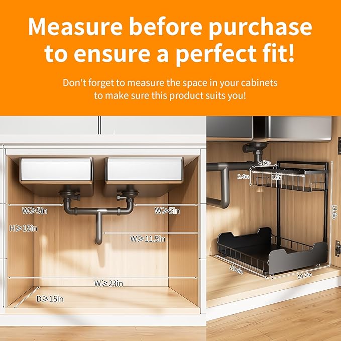 Under Sink Organizer, 2-Tier L-Shaped Pull Out Cabinet Shelf with 2 Installation Methods, Adjustable Sliding Storage Drawer for Kitchen, Bathroom, Laundry, Metal, Black