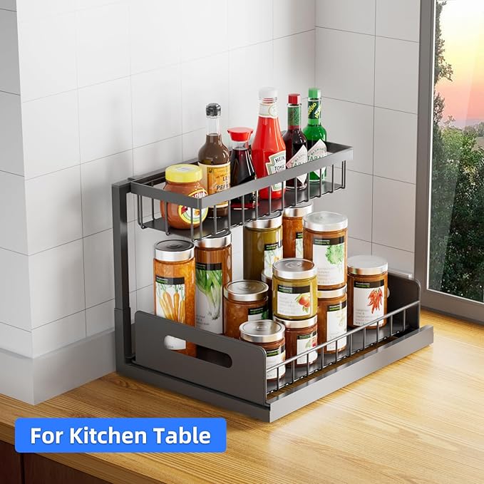Lxmons 2-Tier Under Sink Slide Out Organizer, Pull Out Cabinet Storage Shelf with Sliding Wire Basket Drawer for Bathroom Kitchen, Countertop or Pantry Shelf, Black
