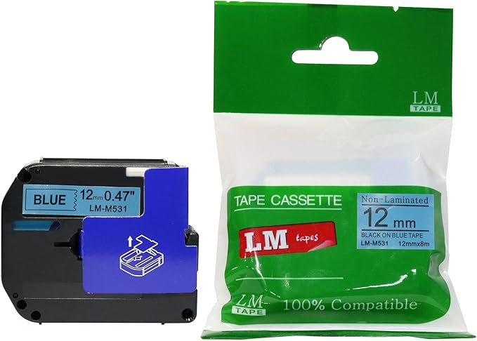 LM Tapes - Premium Compatible 1/2" (12mm) Black on Blue M Series P-Touch Tape, Replaces M531