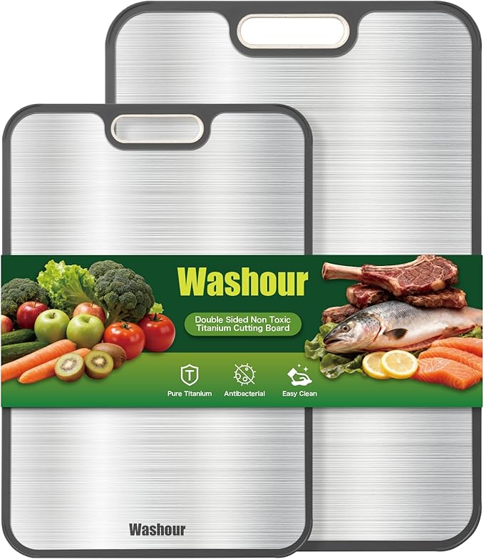 Washour Titanium Cutting Boards for Kitchen, Non Toxic 2-in-1 Cutting Board Double Sided, Chopping Boards Set for Fresh Meat Vegetable, Easy to Clean Large Size (18”+16”) Set of 2