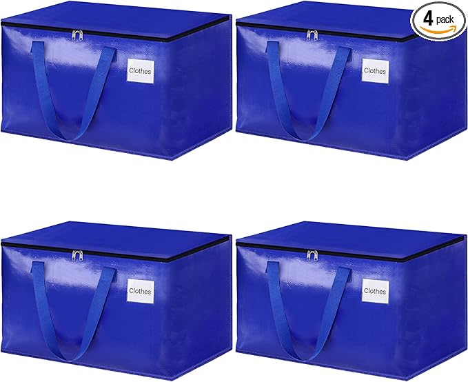 HomeHacks Moving Bags Heavy Duty with Strong Zippers and Handles Collapsible Moving Supplies, Storage Totes for Packing & Moving Storing 125L,4-Pack, Blue