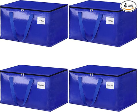 HomeHacks Moving Bags Heavy Duty with Strong Zippers and Handles Collapsible Moving Supplies, Storage Totes for Packing & Moving Storing 125L,4-Pack, Blue