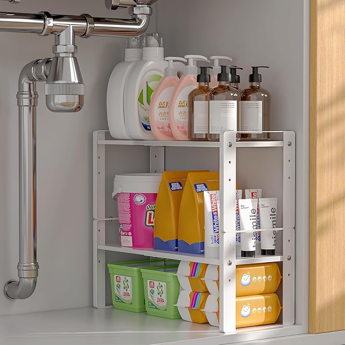 Astrorhine 2 Pack Expandable Cabinet Organizer Shelves, 88lbs High Weight Capacity, Stackable Heavy-Duty Metal Storage Rack, Adjustable Cabinet Shelf for Kitchen, Pantry, Cupboard, Under Sink, White