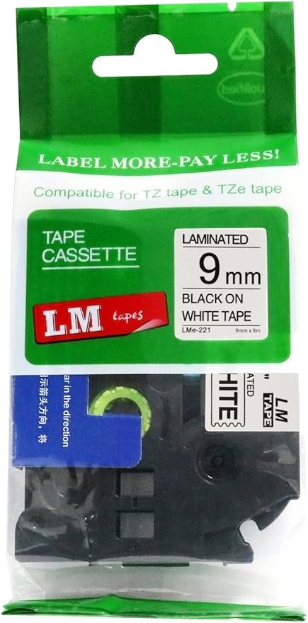 1/Pack LM Tapes - LMe221 Premium 3/8" Black Print on White Label Compatible with P-Touch TZe-221 Tape and Includes Tape Color/Size Guide. Replaces TZ-221 9mm 0.35 Laminated.