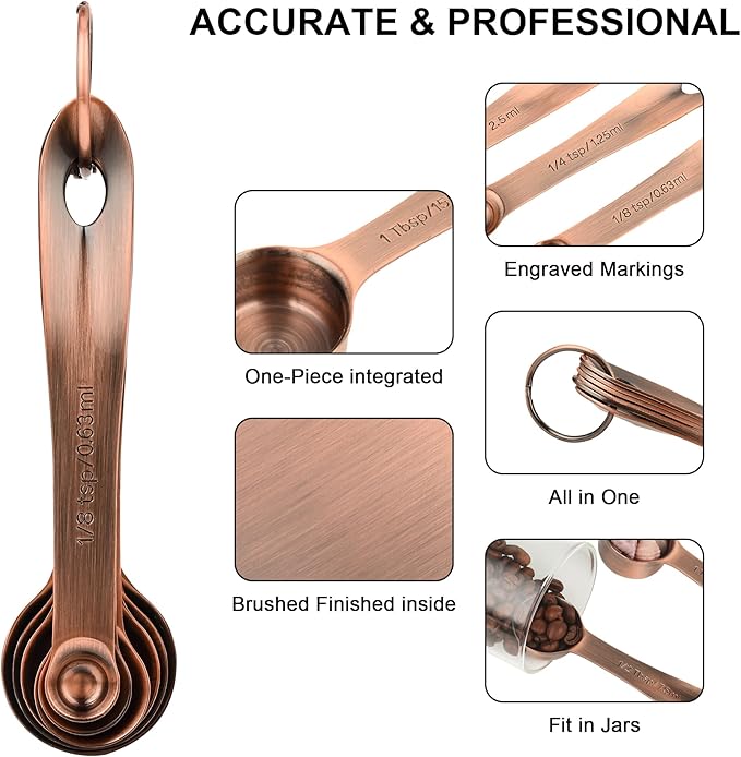 Viwehots Copper Measuring Cups and Spoons Set 16, Dry&Liquid Stainless Steel Measuring Cups and Spoons, 7 Metric&US Measing Cups & 6 Measuring Spoons & Measure Equivalents for Kitchen&Baking