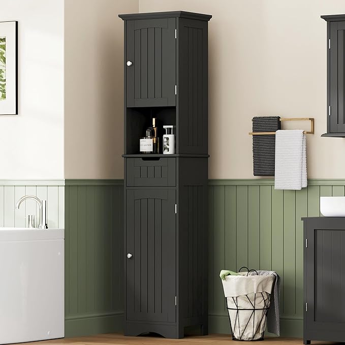ChooChoo 67" Tall Bathroom Storage Cabinet, Narrow Bathroom Cabinet with 2 Doors and 1 Drawers, Freestanding Cupboard Floor Cabinet with Adjustable Shelves for Living Room, Kitchen, Black