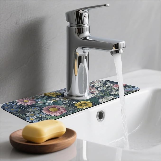 Kitchen Sink Splash Guard，Daisies and marigolds Faucet Mat Sink Gadgets-Super Absorbent Fast Drying Mat Drip Catcher for Kitchen, Bathroom,Sink Mat, Dish Drying Mat, Bathroom(15" X 5.5" )
