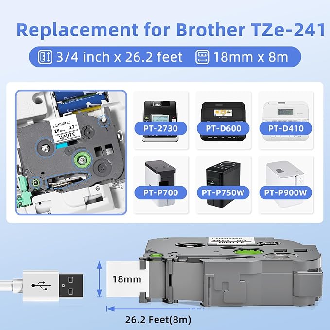 18mm 0.7” Label Maker Tape Compatible with Brother P Touch TZe-241 Laminated White TZ Tape for PT-D410 D400 D600 P700 Printer, 4-Pack Label KINGDOM TZ-241 (3/4in x 26.2ft)