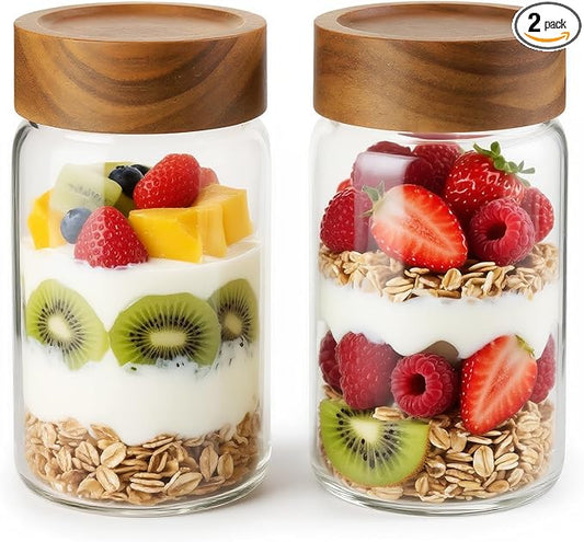 2-Piece 10 oz Food-Grade Glass Mason Jars with Sturdy Acacia Wood Lids, Sealable Waterproof, Transparent Easily Stackable for Spices, Seasonings & Snack Organizin