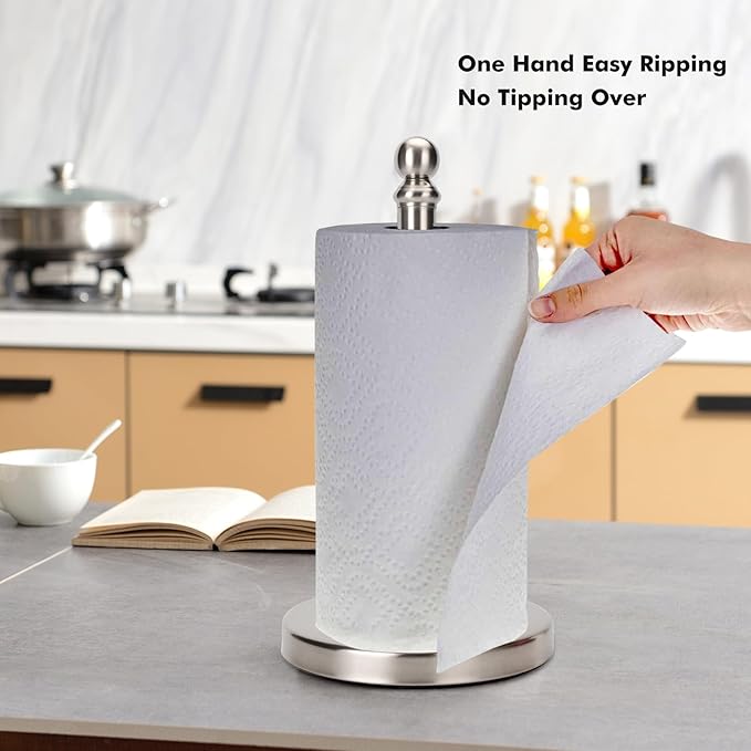 Exilon Paper Towel Holder Countertop with Weighted Base, One-Handed Design No Tipping Over, Stainless Steel Paper Towel Holder Stand in Brushed Nickel Finish
