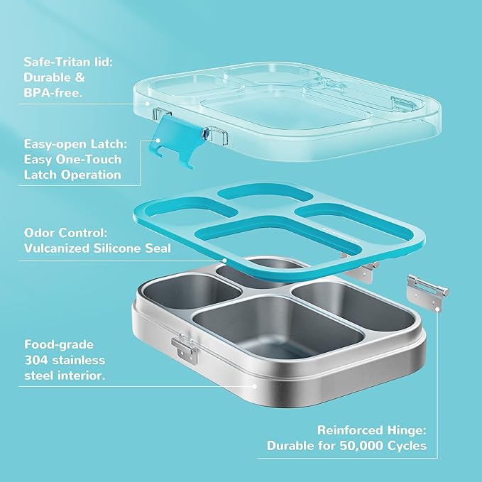 G.a HOMEFAVOR Stainless Steel Lunch Box - 4 Compartments Bento Box for Kids, Leakproof Metal Food Container for School, Office, Dishwasher Safe, Shatterproof, 27 oz, Blue