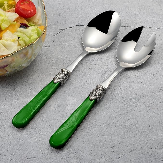 CATHYLIN 2-piece Salad Servers Stainless Steel Salad Serving Set Salad Fork and Spoon (Deep Green)