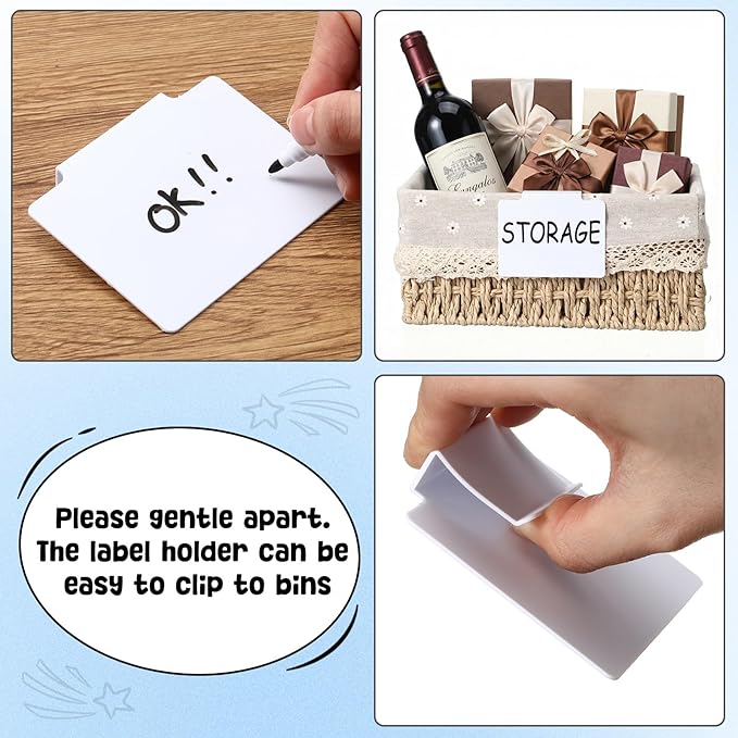 Chinco 80 Pcs Basket Label Clips Set Include 76 Removable Kitchen Clip Label Holder PVC Storage Bin with 4 Chalk Markers for Basket Kitchen Pantry Organization (White Black Clip, White Black Pen)