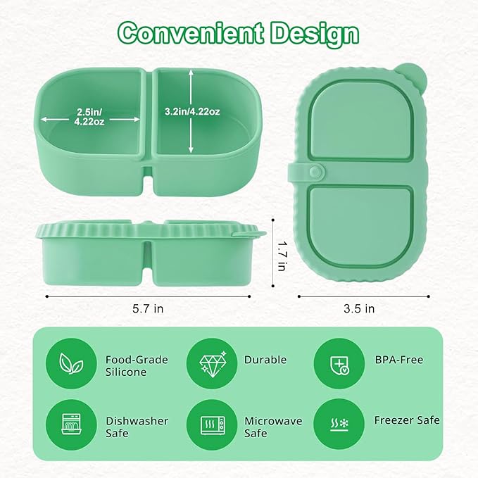 RAYBIN 3 Pack Silicone Reusable Snack Containers with Lids, 2 Compartments Leak-Proof Snackle Box Containers,Silicone Food Storage Containers for Office,School,Picnic - BPA Free (White,Green,Orange)
