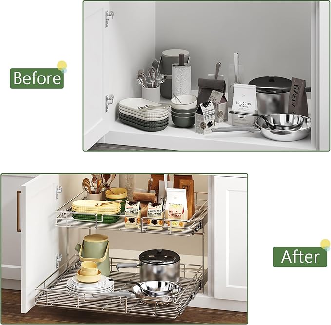 MODCART 2 Tier Individual Pull Out Cabinet Organizer 30" W x 21½" D, Heavy Duty Cabinet Pull Out Shelves, Slide Out Drawers Organization for Kitchen Cabinets Bathroom