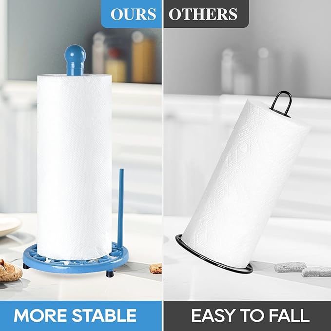 JOGREFUL Paper Towel Holder Stand, Cast Iron Kitchen Paper Towel Countertop Vintage Stand with Weighted-Base, Bathroom Organization for Family Standard Large Size Roll Paper, Classic Style, Blue