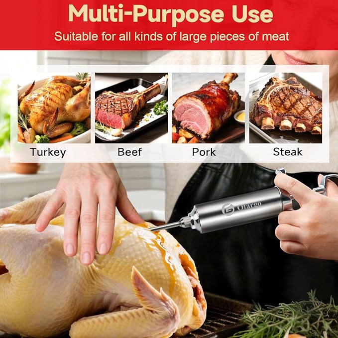 Ofargo Stainless Steel Meat Injector Syringe with 4 Marinade Needles and Travel Case for BBQ Grill Smoker, Valentines Day Gifts for Men Dad Gusband Him