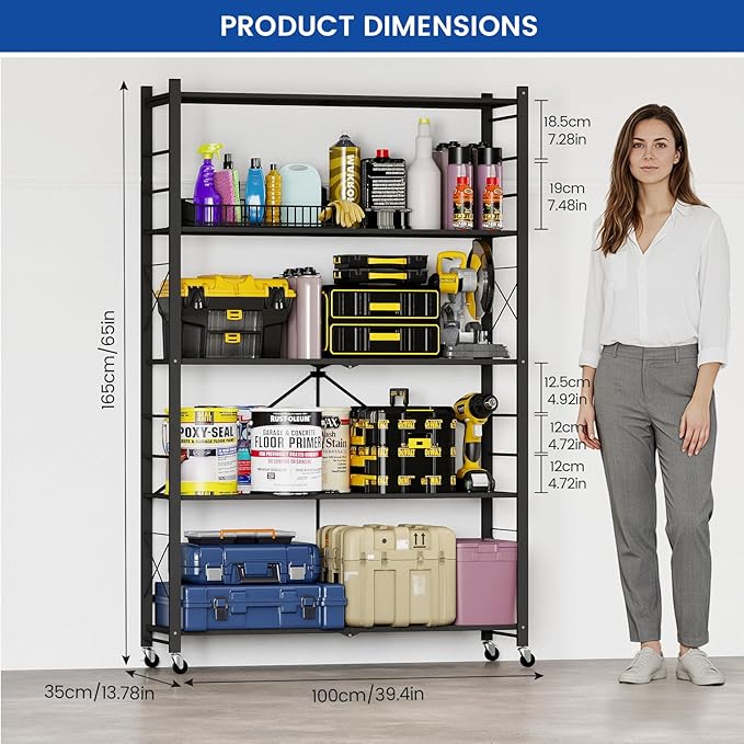 ALANNG 40" W Foldable 5-Tier Storage Shelves with Wheels, Adjustable & Removable Metal Rack, Heavy Duty Rolling Organizer for Kitchen, Garage, Closet, Pantry, and Office (Black,2 Pack)